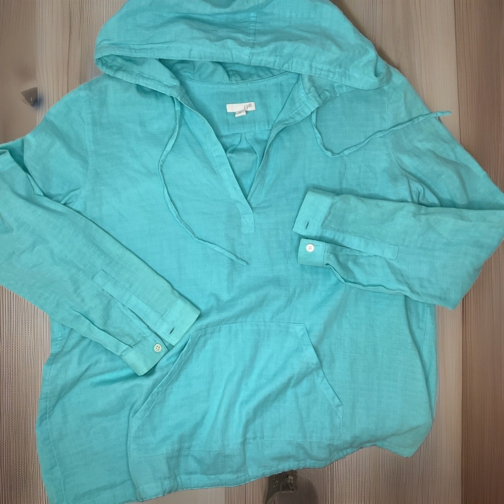 J Jill Hooded Pullover Top Womens M Turquoise Boho Lightweight Cotton LS Travel